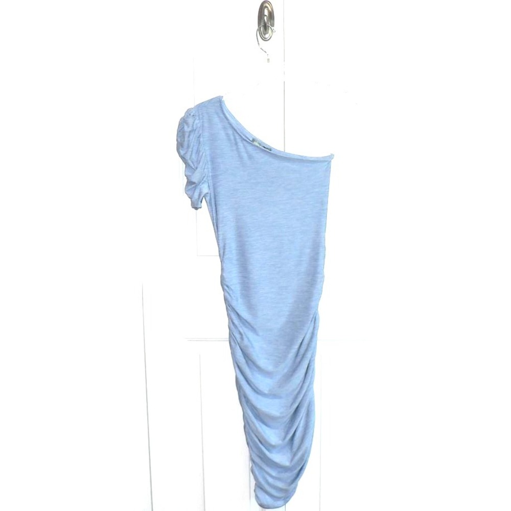 Good Luck Gem Women's One Shoulder Ruched Asymmetric Midi Dress in Blue Marl XS